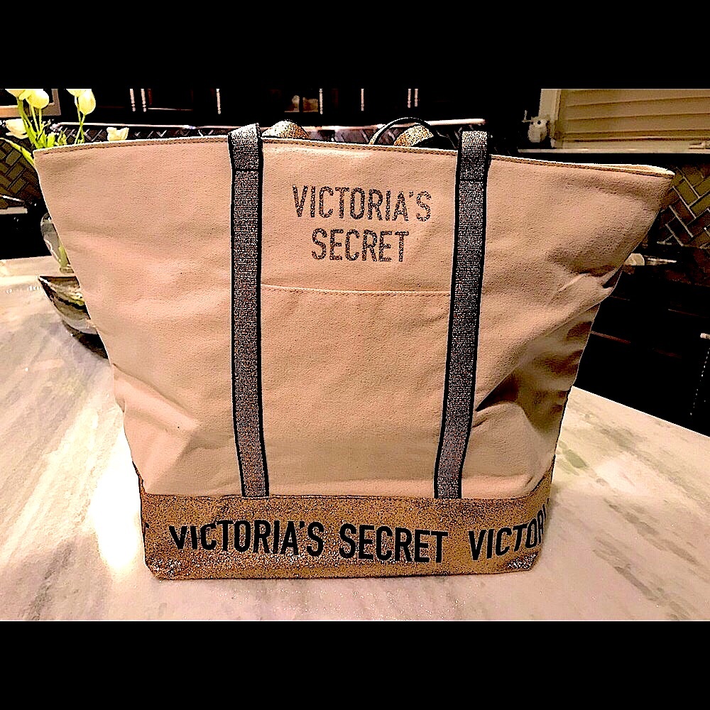VICTORIA SECRET Sparkle Large Canvas ZIP Tote NWT